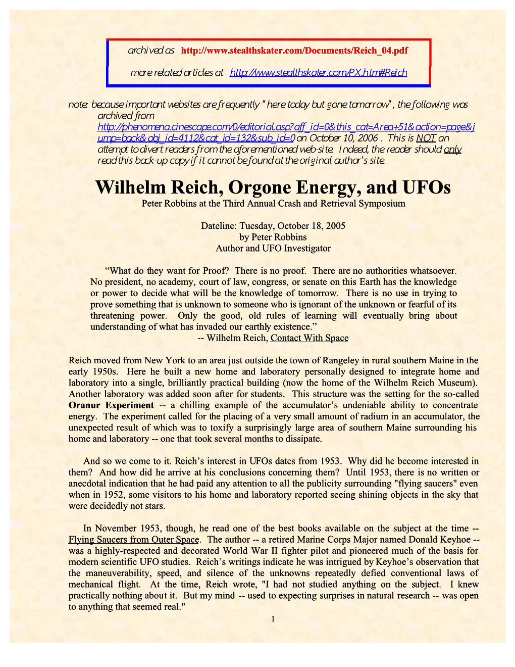 Wilhelm Reich, Orgone Energy, and Ufos