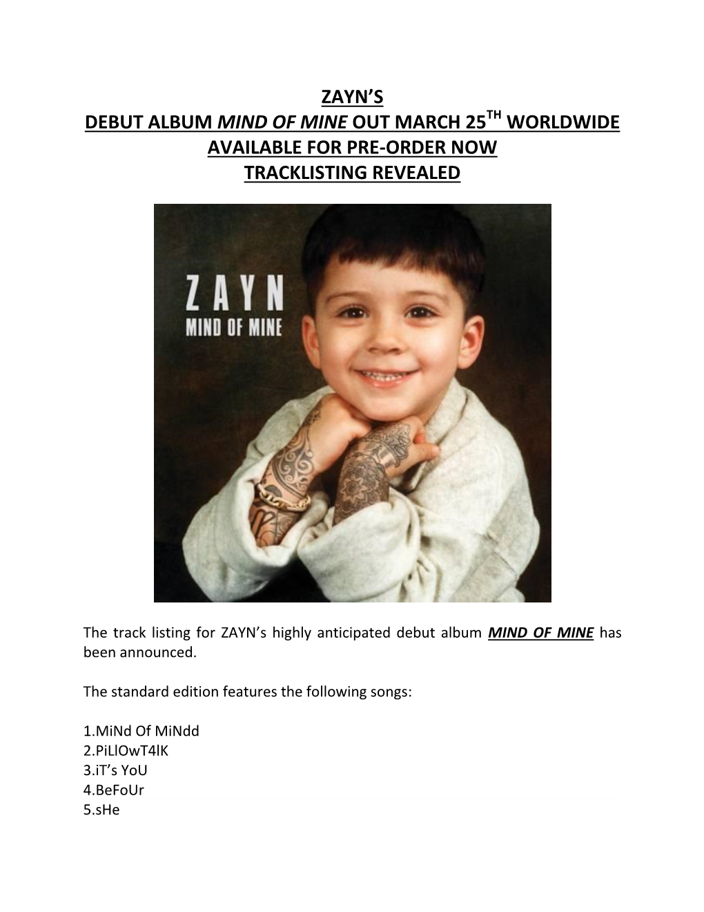 Zayn's Debut Album Mind of Mine out March 25