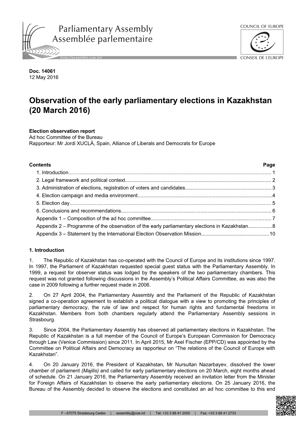 Observation of the Early Parliamentary Elections in Kazakhstan (20 March 2016)