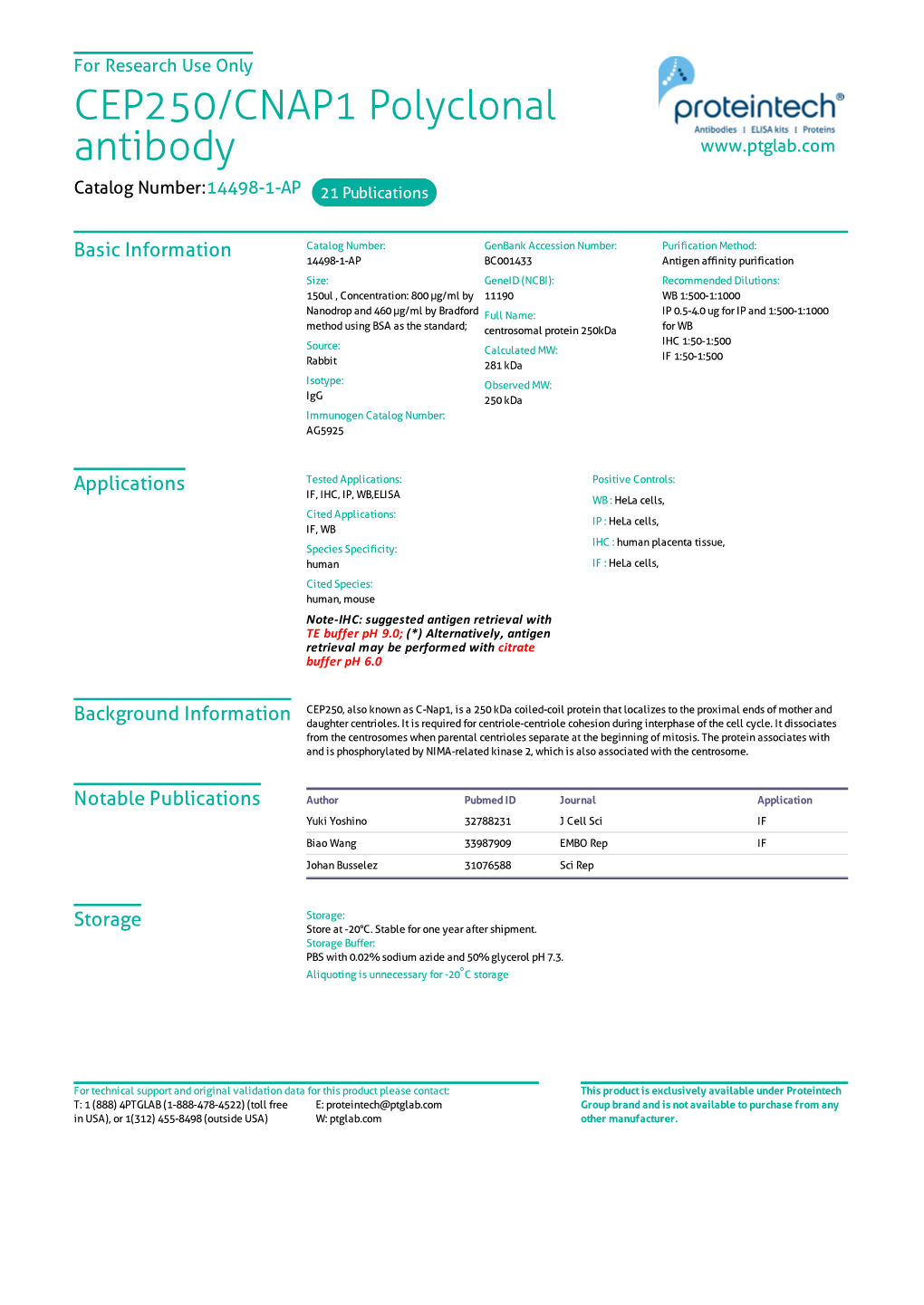 CEP250/CNAP1 Polyclonal Antibody Catalog Number:14498-1-AP 21 Publications