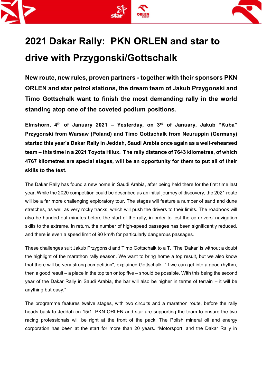 2021 Dakar Rally: PKN ORLEN and Star to Drive with Przygonski/Gottschalk