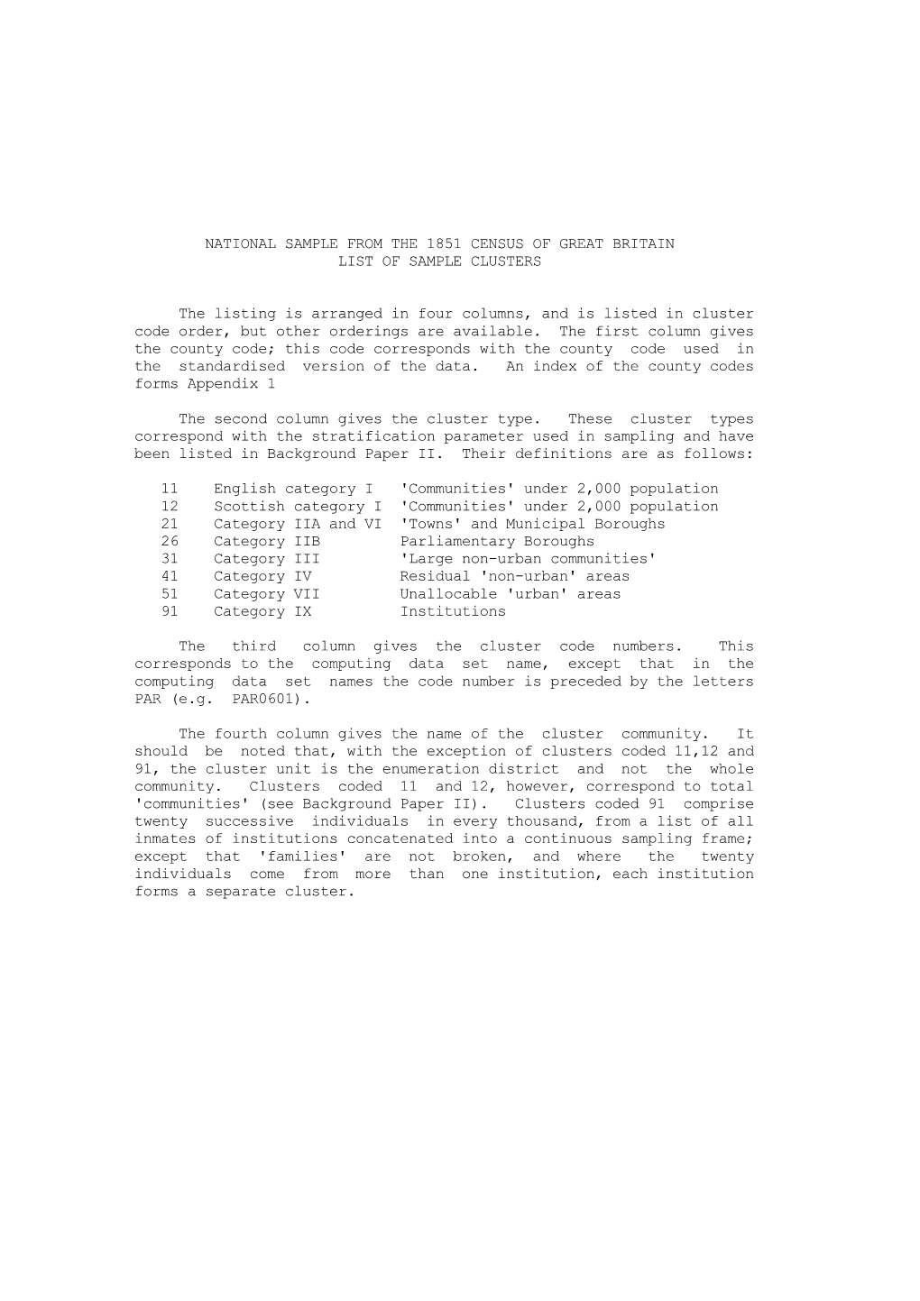 National Sample from the 1851 Census of Great Britain List of Sample Clusters