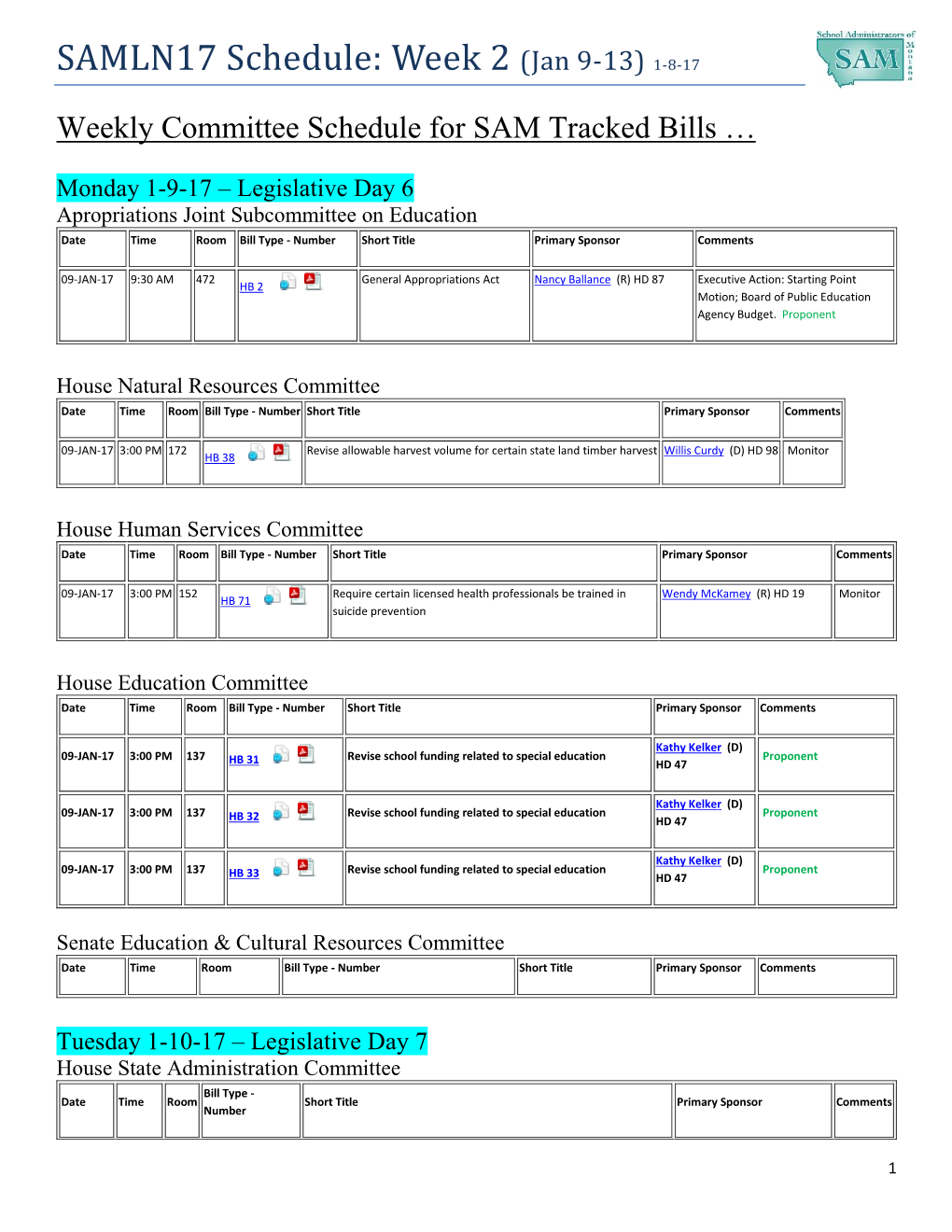 SAMLN17 Schedule: Week 2 (Jan 9-13) 1-8-17