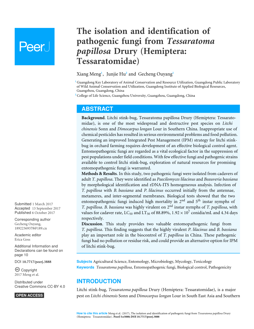 The Isolation and Identification of Pathogenic Fungi from Tessaratoma Papillosa Drury (Hemiptera: Tessaratomidae)