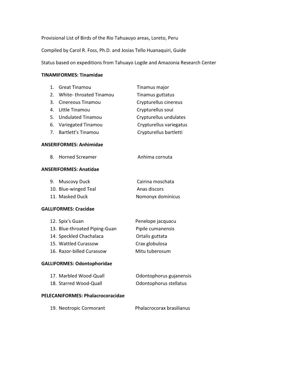 Provisional List of Birds of the Rio Tahuauyo Areas, Loreto, Peru