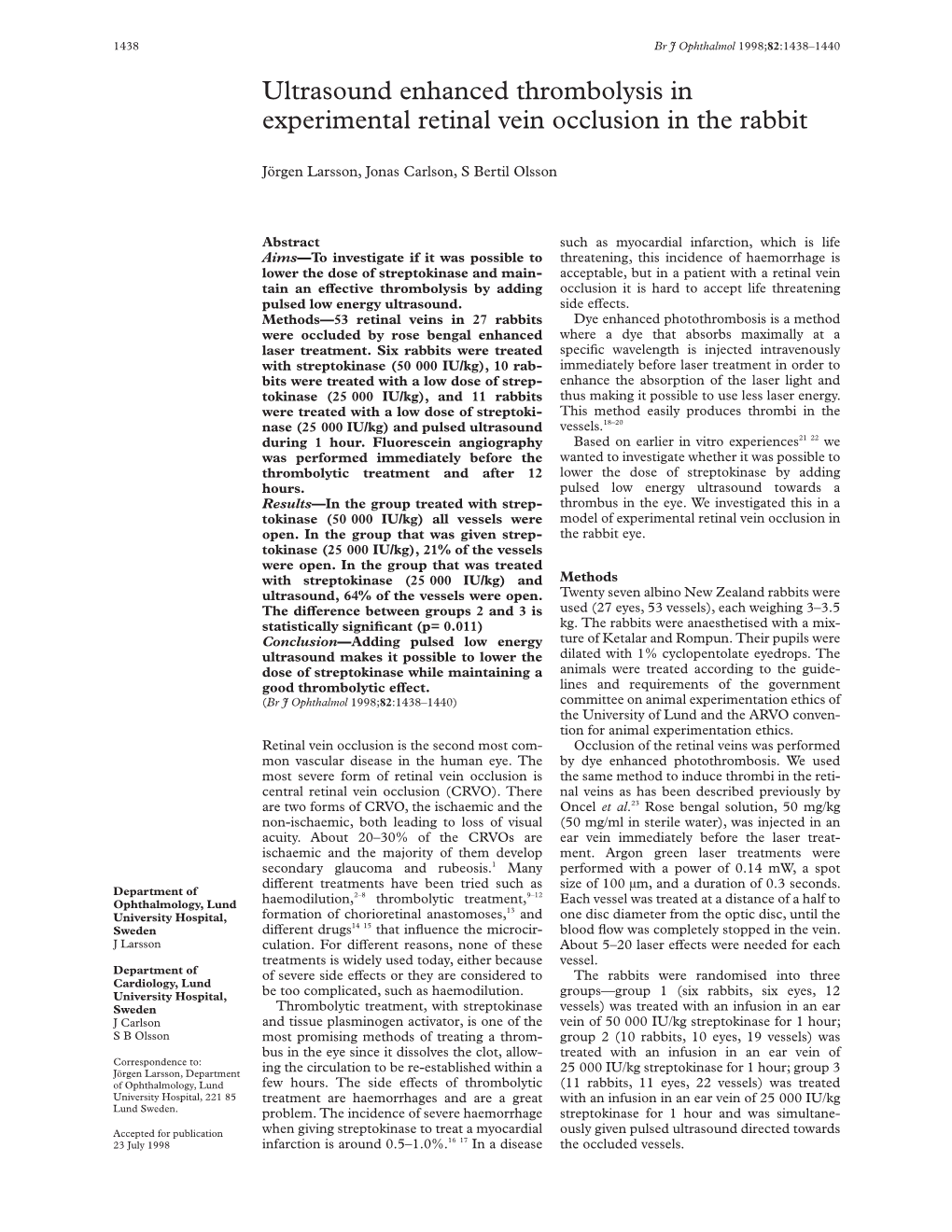 Ultrasound Enhanced Thrombolysis in Experimental Retinal Vein Occlusion in the Rabbit