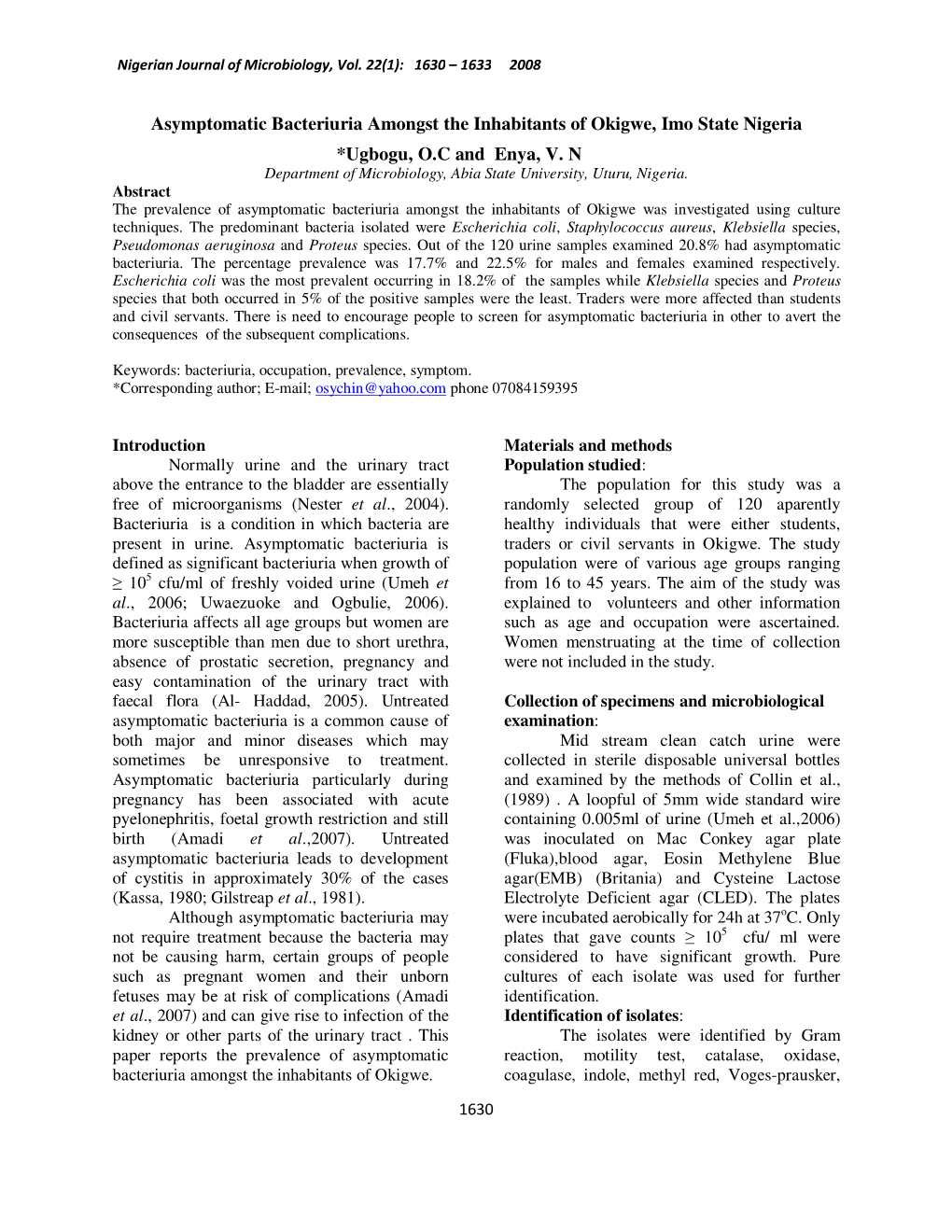 Asymptomatic Bacteriuria Amongst the Inhabitants of Okigwe, Imo State Nigeria