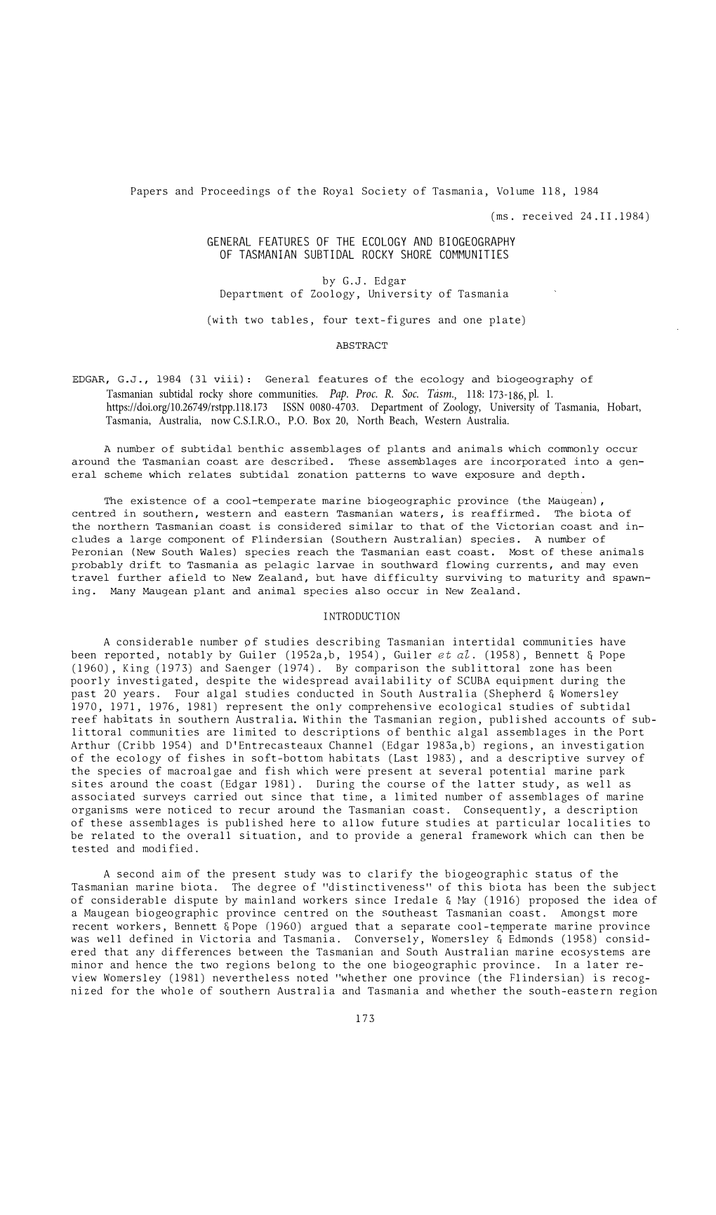 GENERAL FEATURES of the ECOLOGY and BIOGEOGRAPHY of TASMANIAN SUBTIDAL ROCKY SHORE COMMUNITIES by G.J