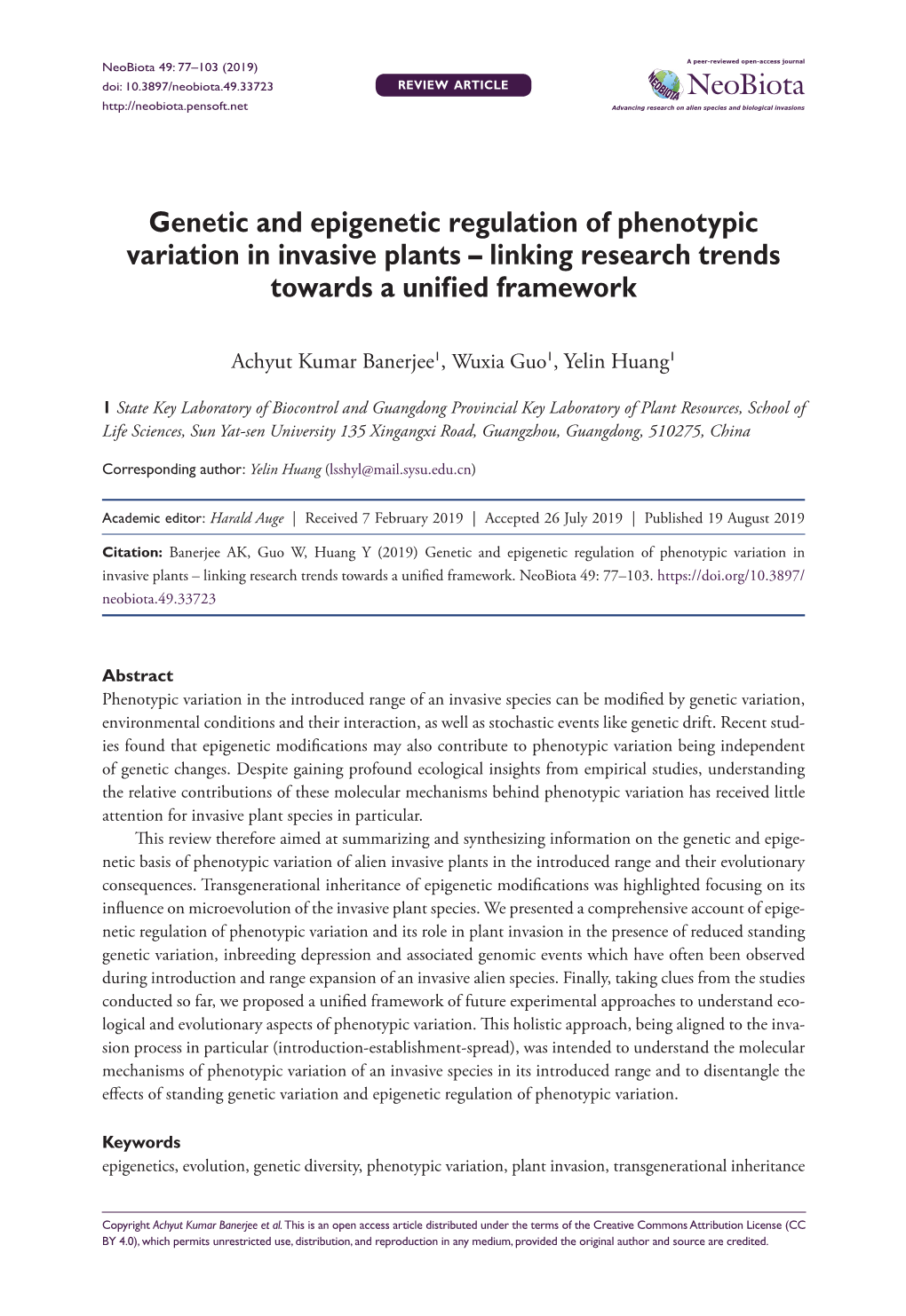 ﻿Genetic and Epigenetic Regulation of Phenotypic Variation in Invasive Plants – Linking Research Trends Towards a Unified Fr