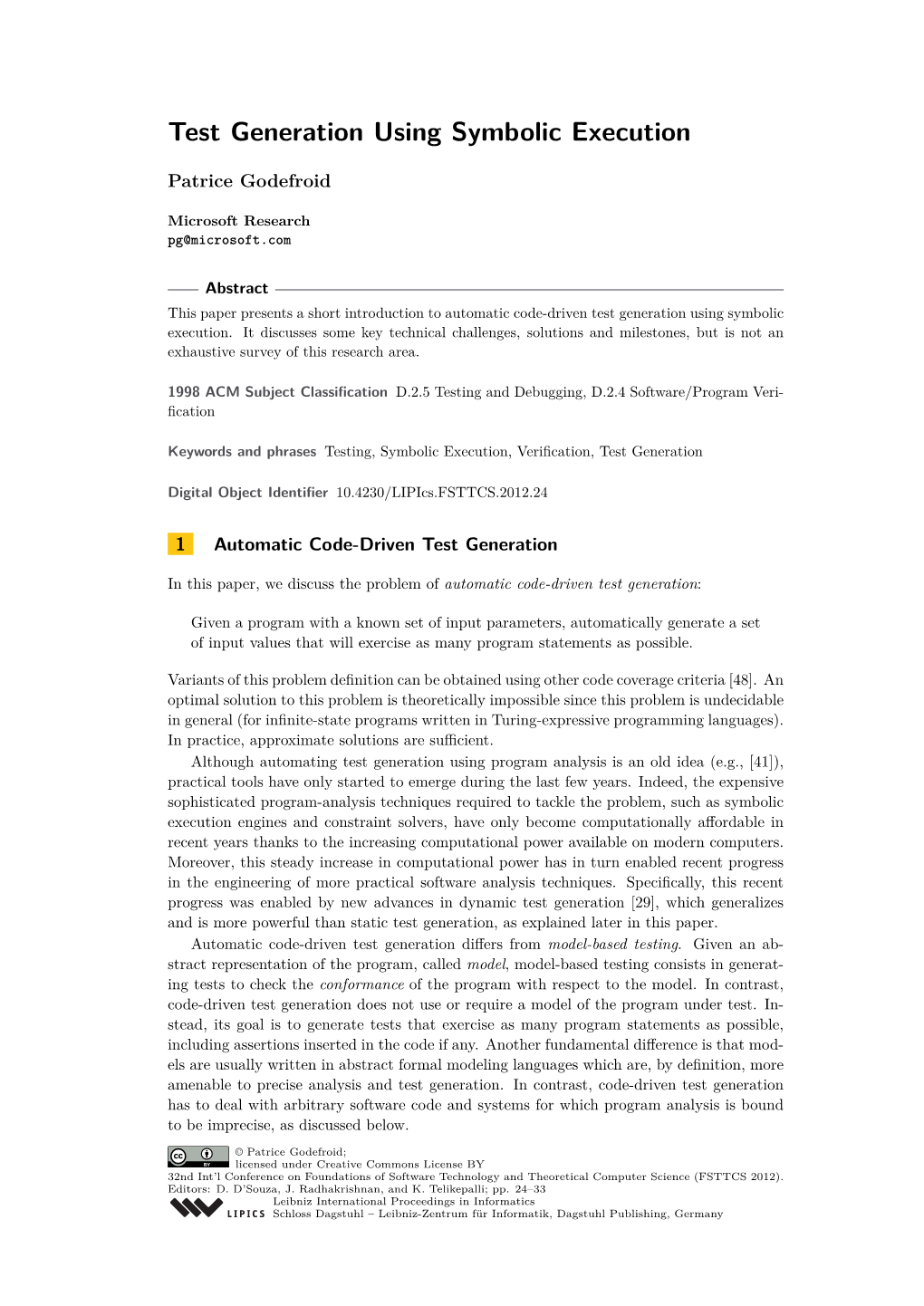 Test Generation Using Symbolic Execution