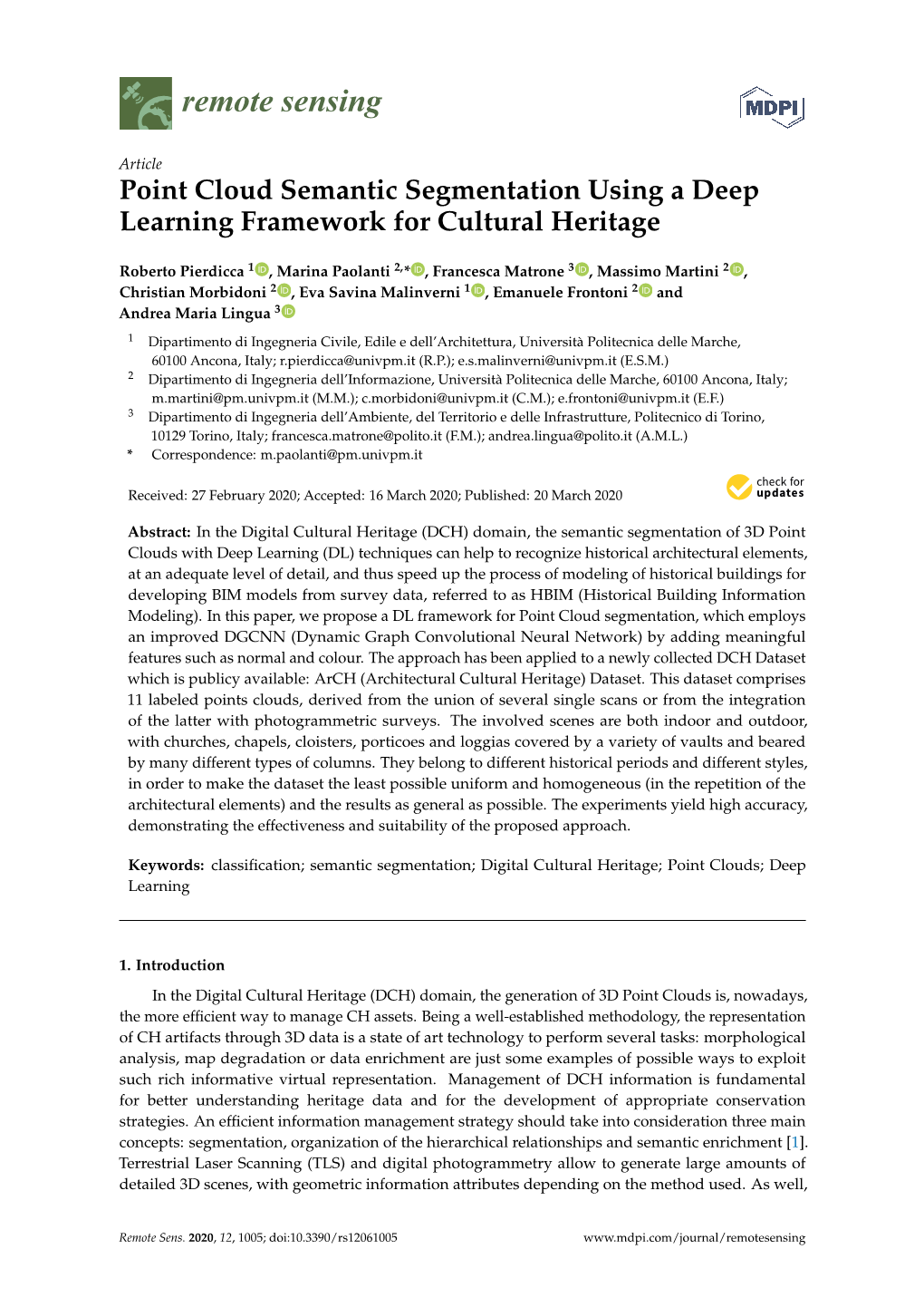 Point Cloud Semantic Segmentation Using a Deep Learning Framework for Cultural Heritage