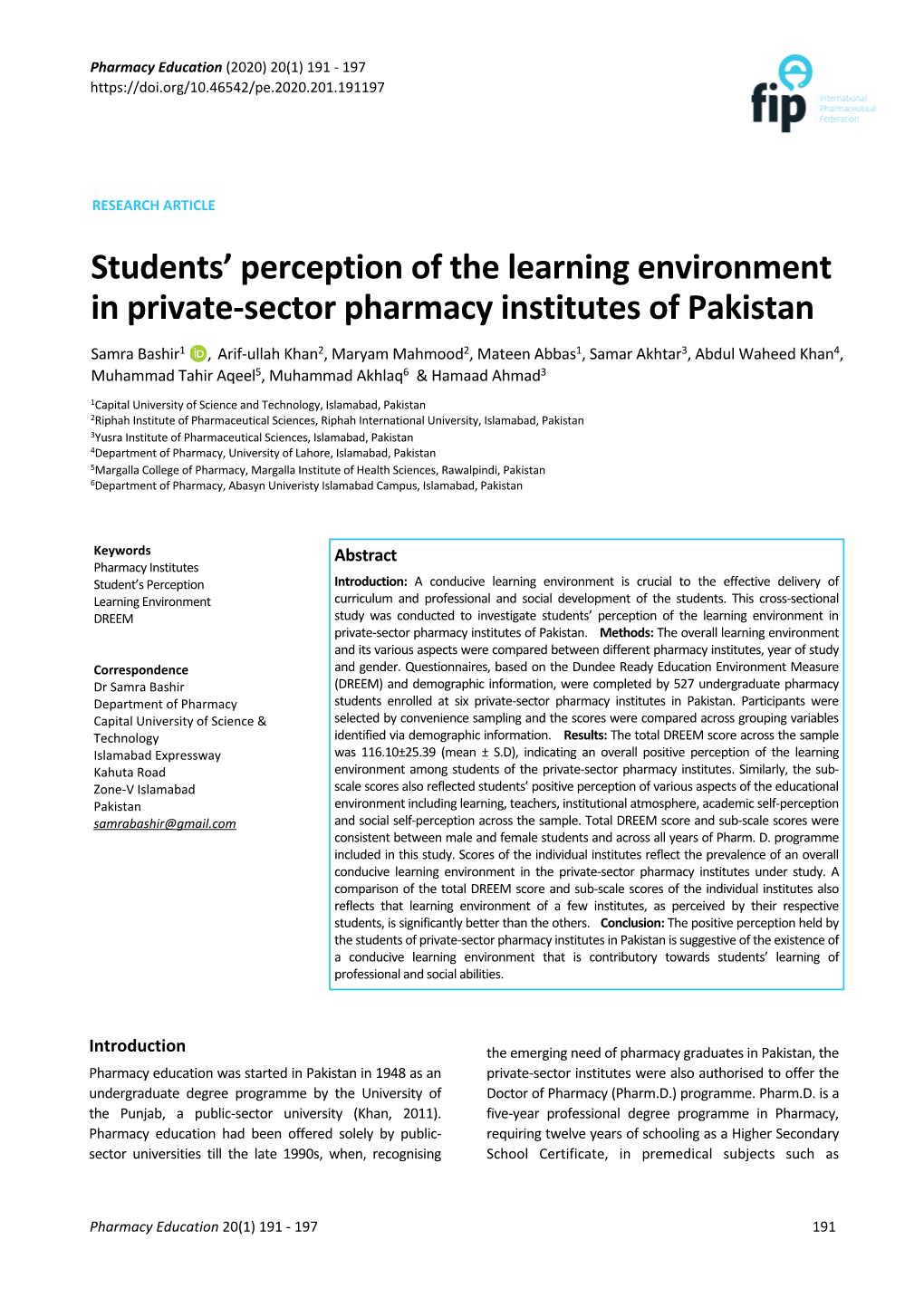 Students' Perception of the Learning Environment in Private-Sector