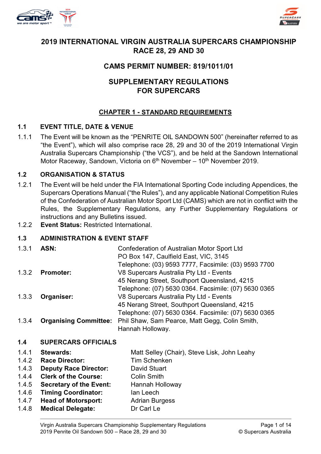 Supplementary Regulations for Supercars