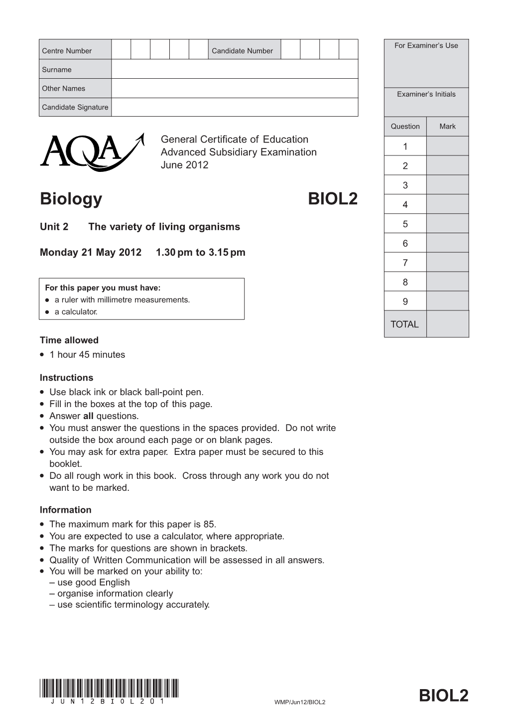 GCE Biology Question Paper Unit 02