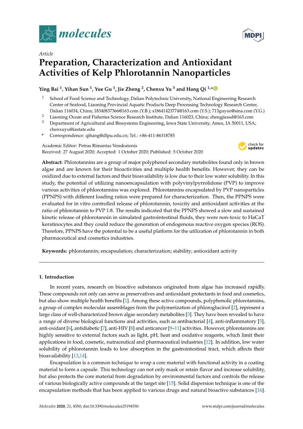 Preparation, Characterization and Antioxidant Activities of Kelp Phlorotannin Nanoparticles