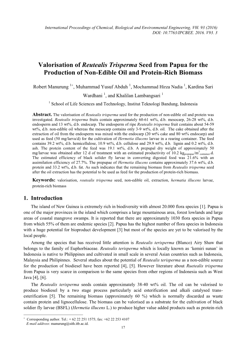 Valorisation of Reutealis Trisperma Seed from Papua for the Production of Non-Edible Oil and Protein-Rich Biomass