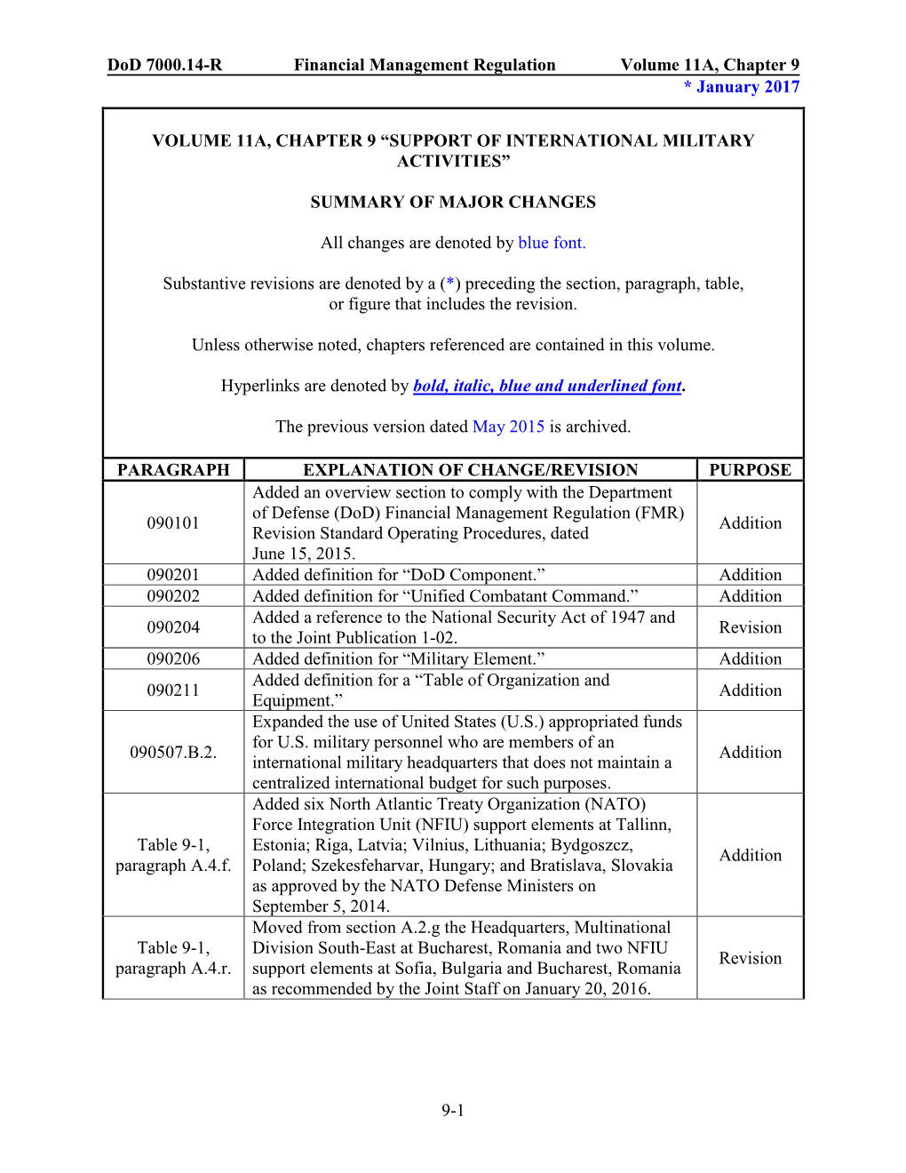 Financial Management Regulation Volume 11A, Chapter 9 * January 2017