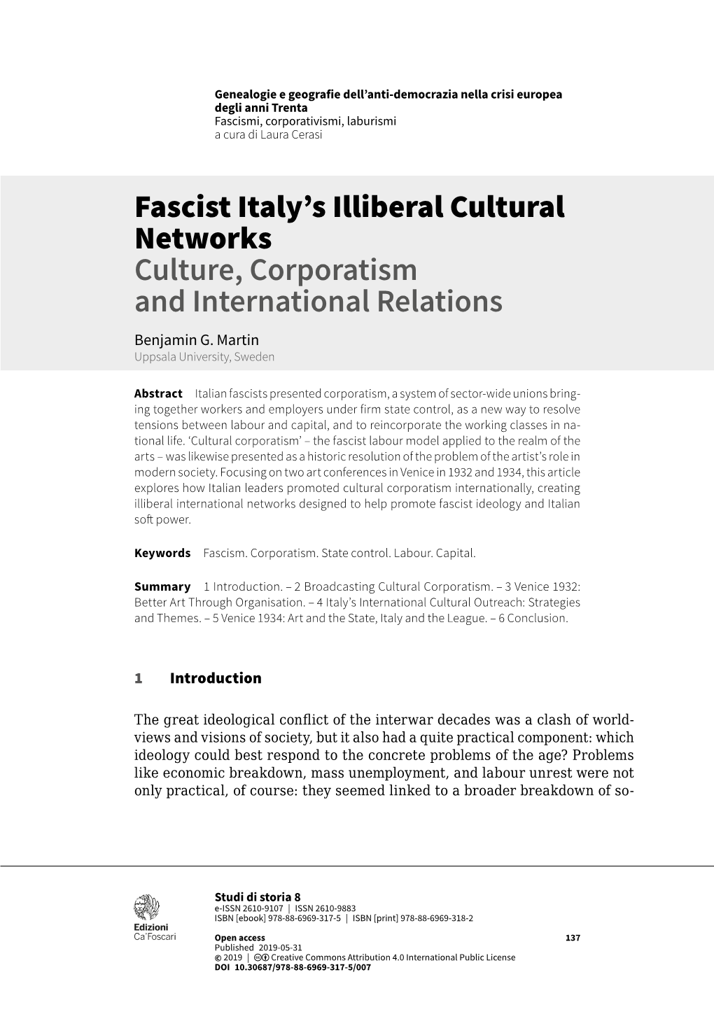 Fascist Italy's Illiberal Cultural Networks Culture, Corporatism And