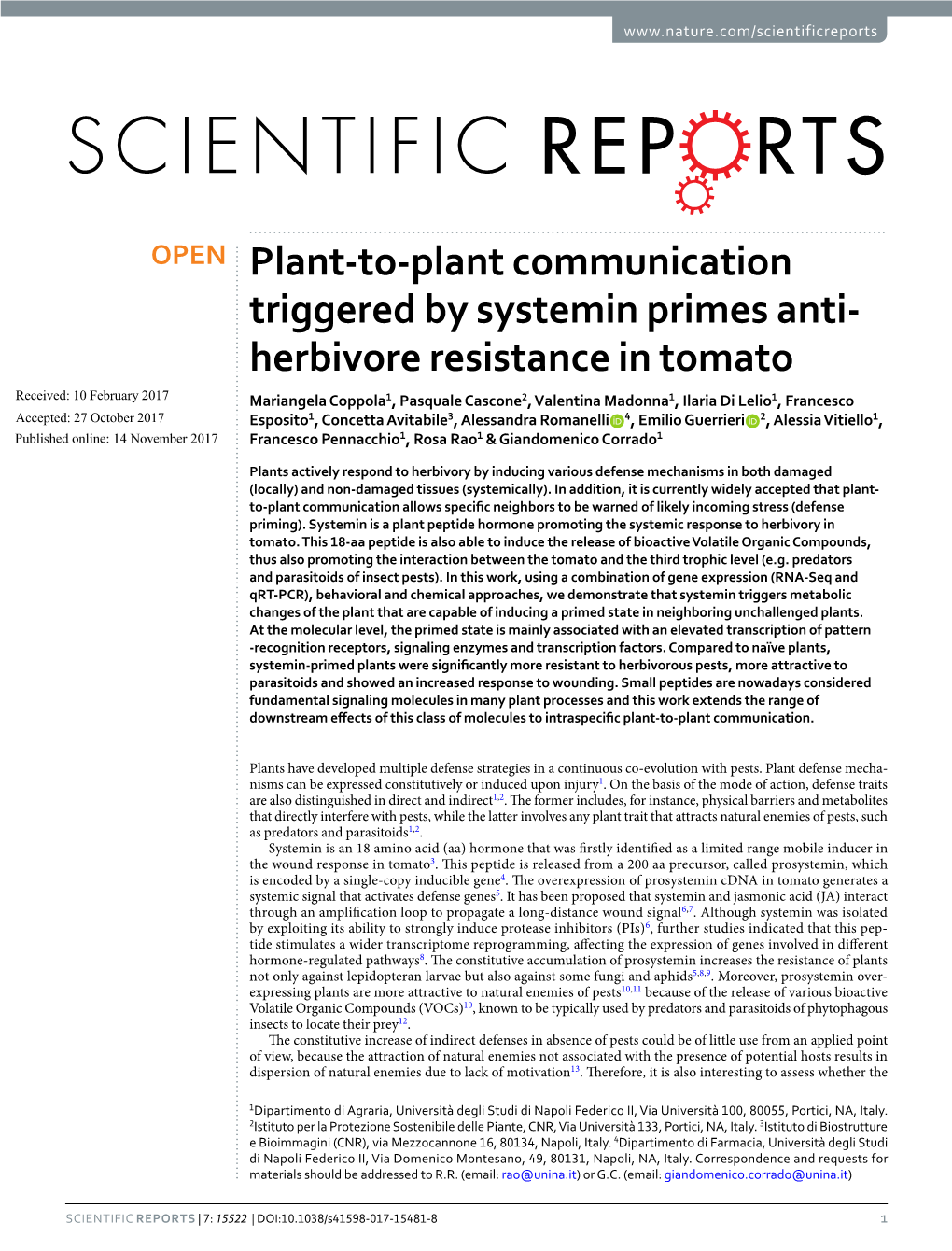 Plant-To-Plant Communication Triggered by Systemin Primes Anti