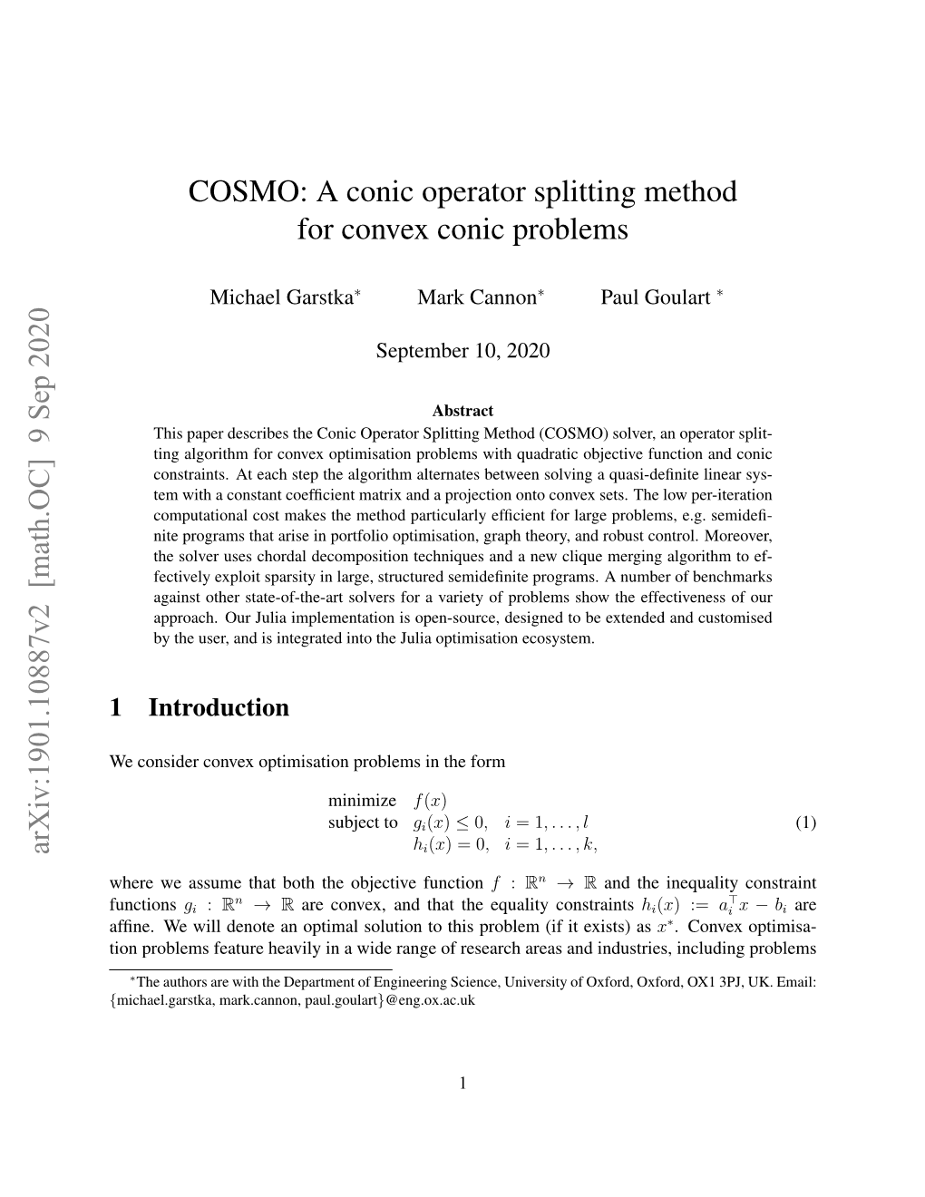 COSMO: a Conic Operator Splitting Method for Convex Conic Problems