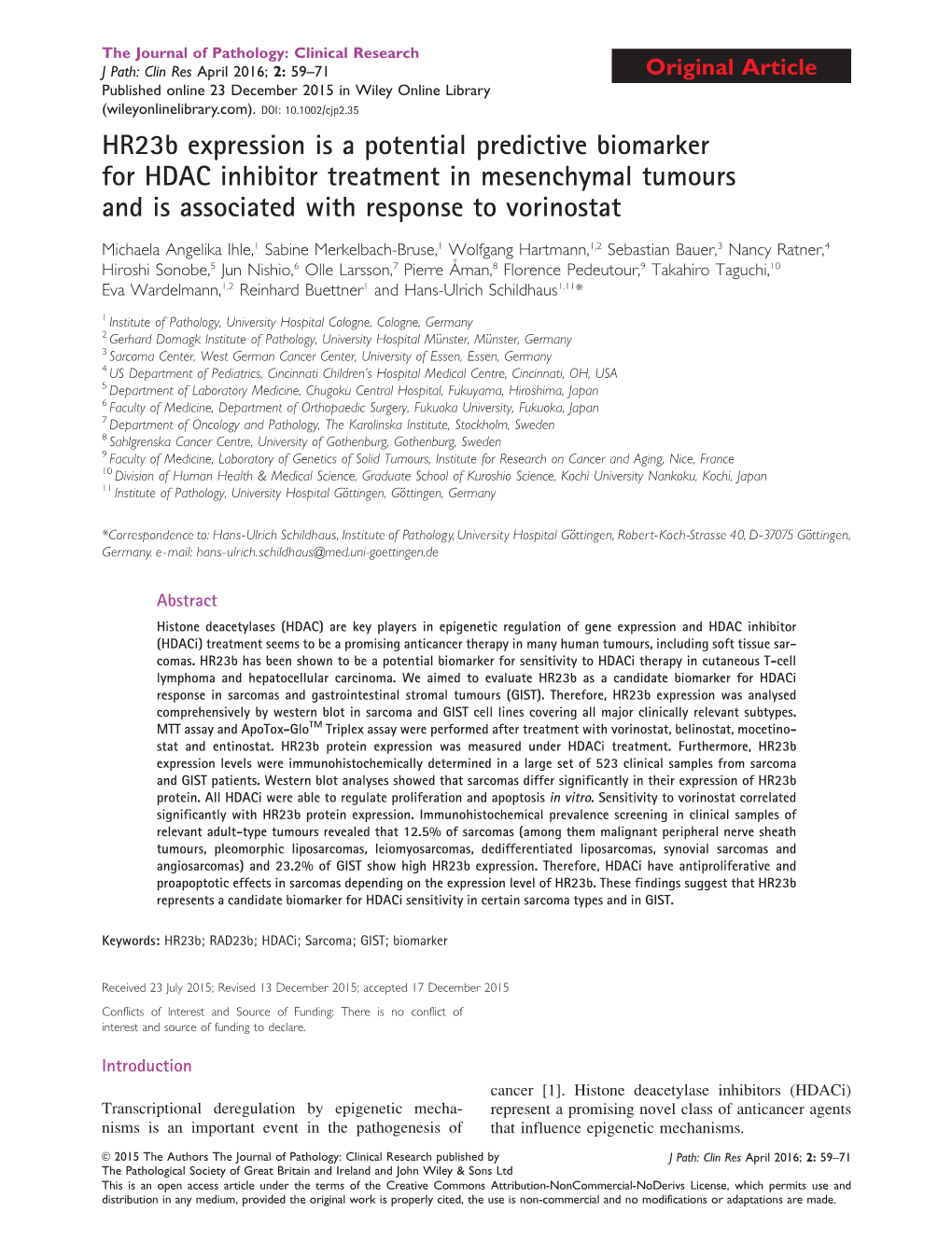 Hr23b Expression Is a Potential Predictive Biomarker for HDAC Inhibitor Treatment in Mesenchymal Tumours and Is Associated with Response to Vorinostat