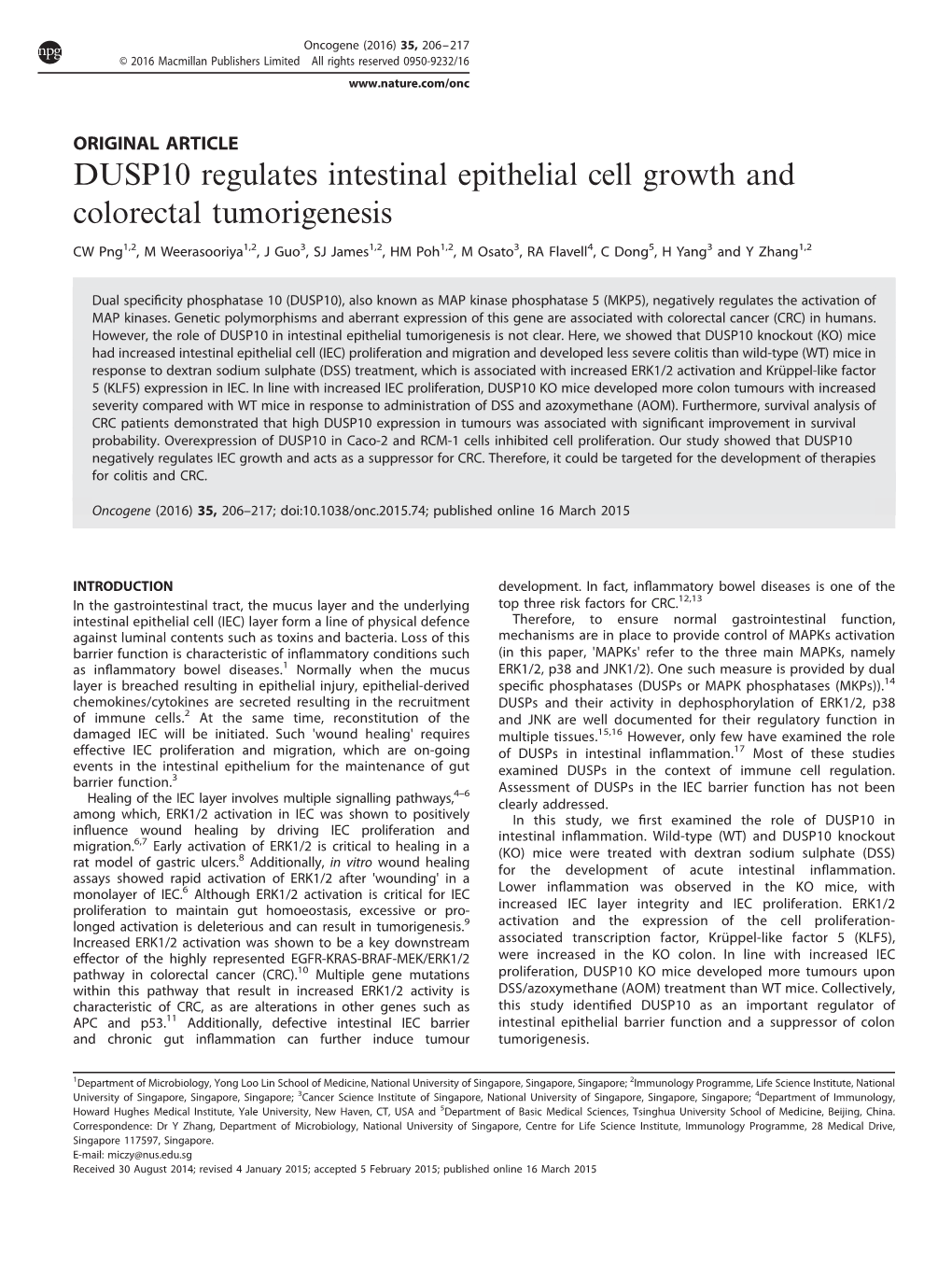 DUSP10 Regulates Intestinal Epithelial Cell Growth and Colorectal Tumorigenesis