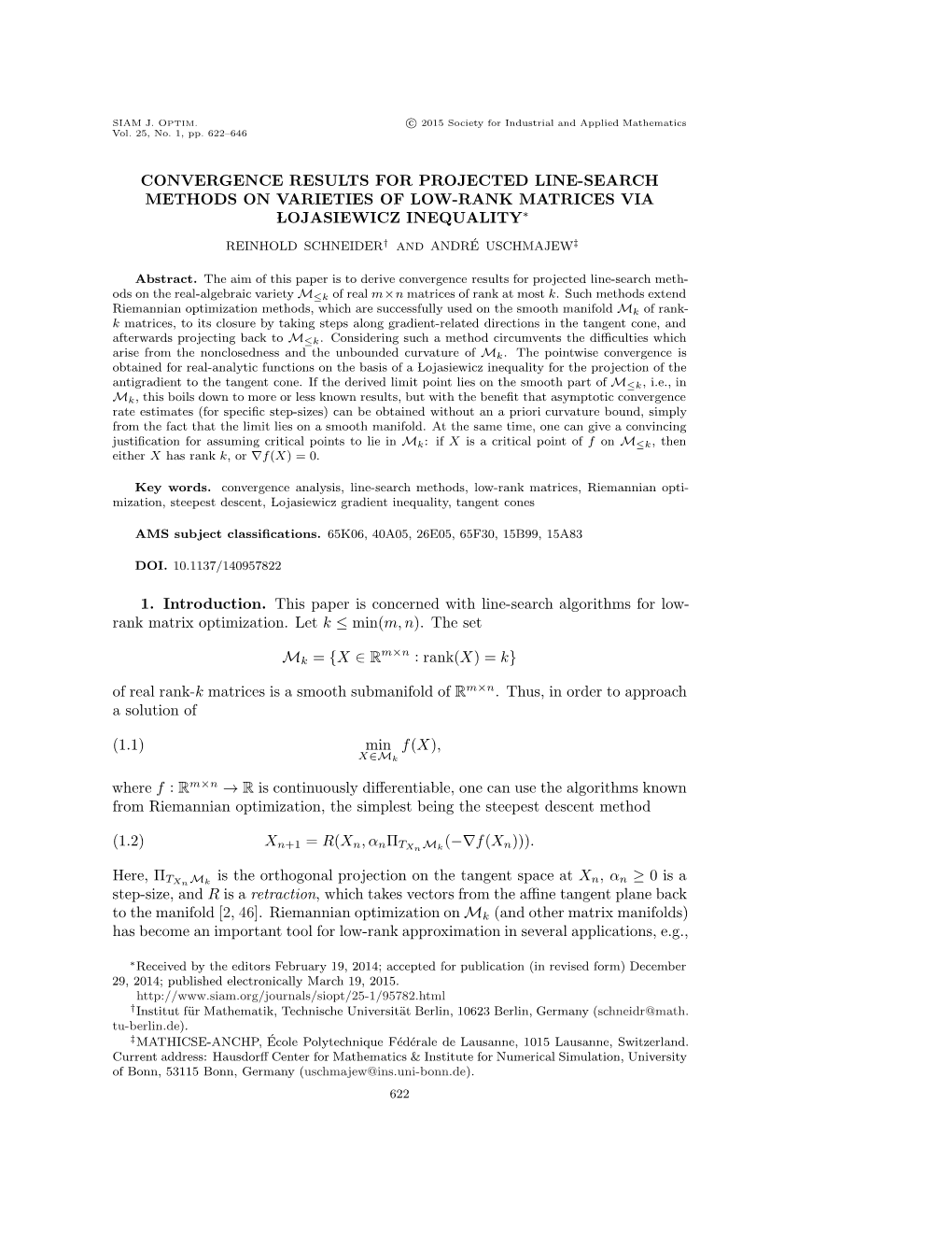 Convergence Results for Projected Line-Search Methods on Varieties of Low-Rank Matrices Via Lojasiewicz� Inequality∗