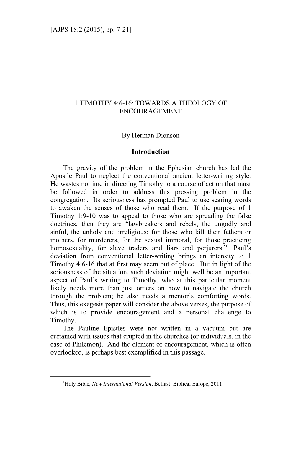 [AJPS 18:2 (2015), Pp. 7-21] 1 TIMOTHY 4:6-16