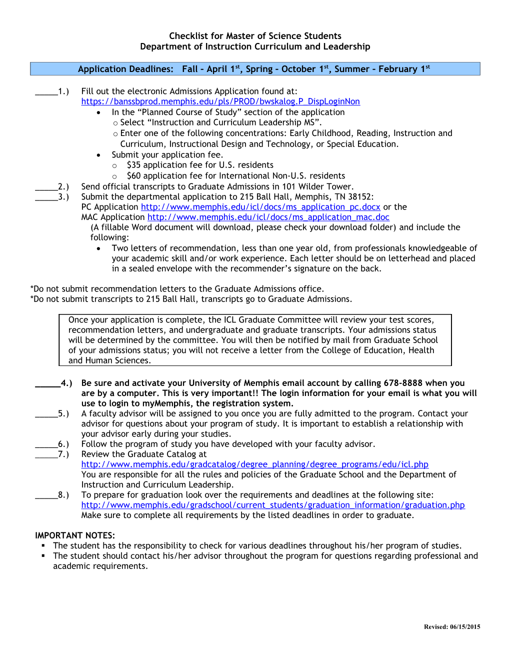 Checklist for Master of Science Students