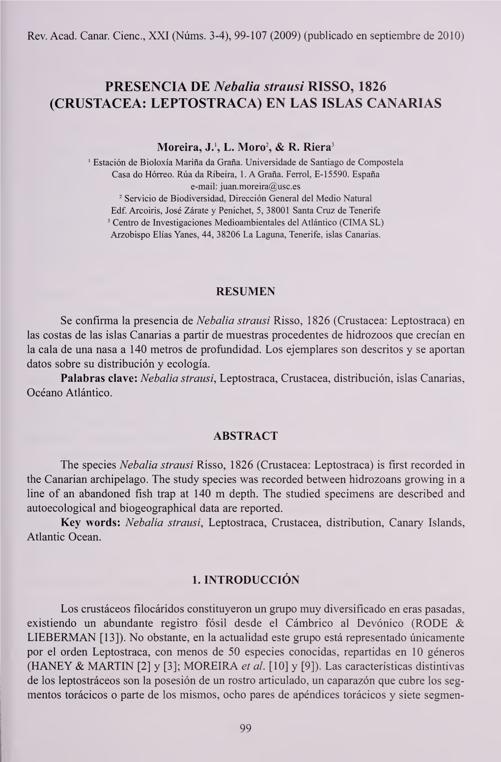 PRESENCIA DE Nebalia Strausi RISSO, 1826 (CRUSTACEA: LEPTOSTRACA) EN LAS ISLAS CANARIAS