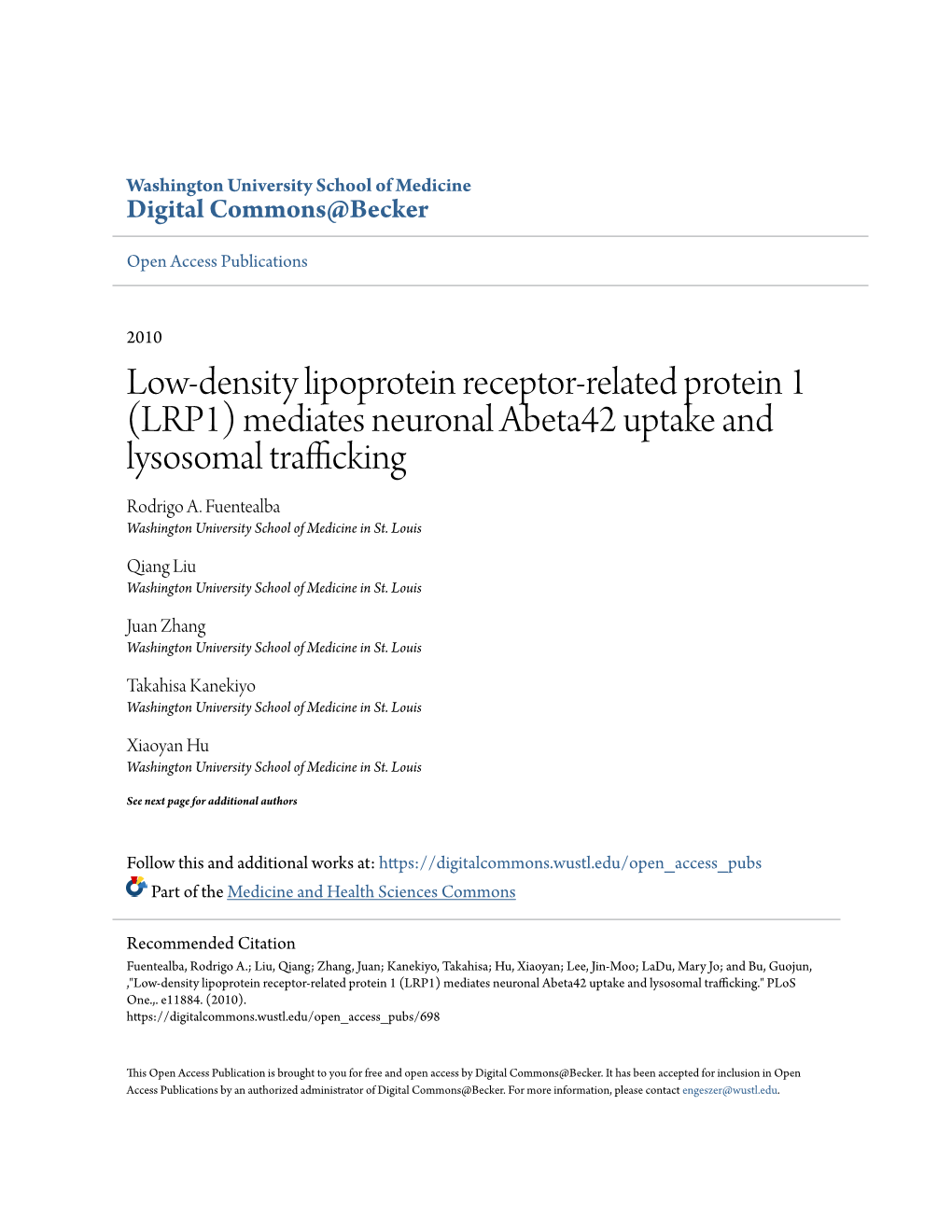 Mediates Neuronal Abeta42 Uptake and Lysosomal Trafficking Rodrigo A