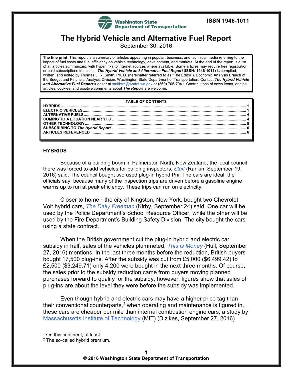 The Hybrid Vehicle and Alternative Fuel Report September 30, 2016