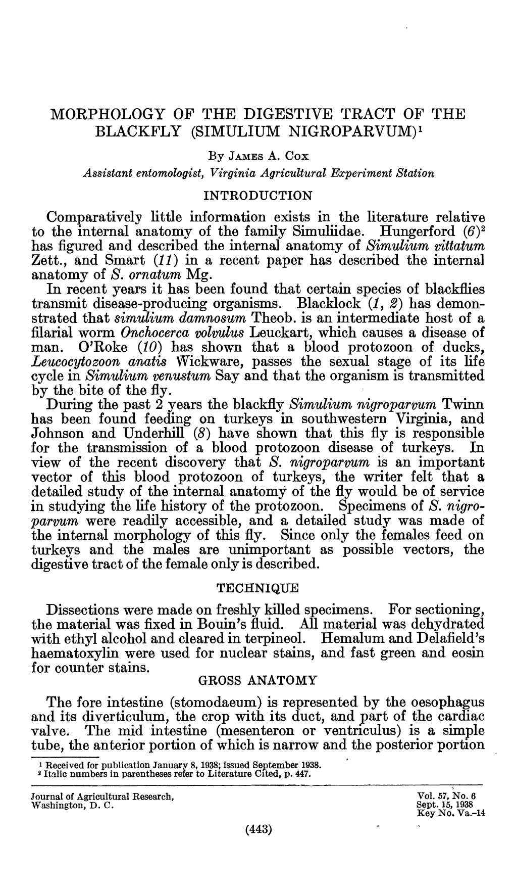 MORPHOLOGY of the DIGESTIVE TRACT of the BLACKFLY (SIMULIUM NIGROPARVUM)I