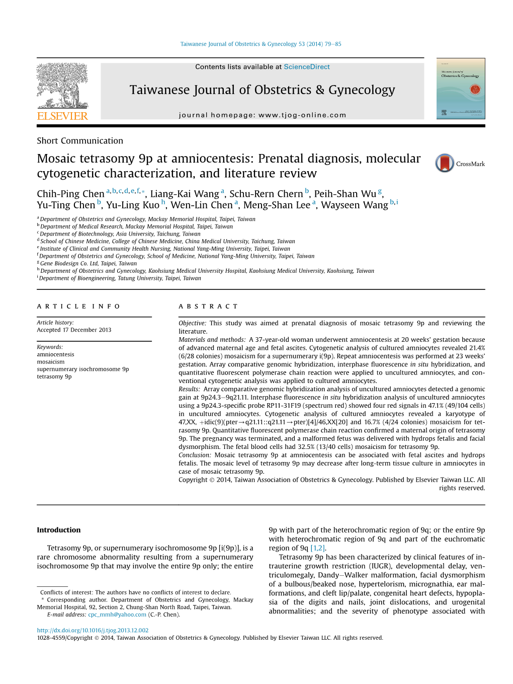 Mosaic Tetrasomy 9P at Amniocentesis: Prenatal Diagnosis, Molecular Cytogenetic Characterization, and Literature Review