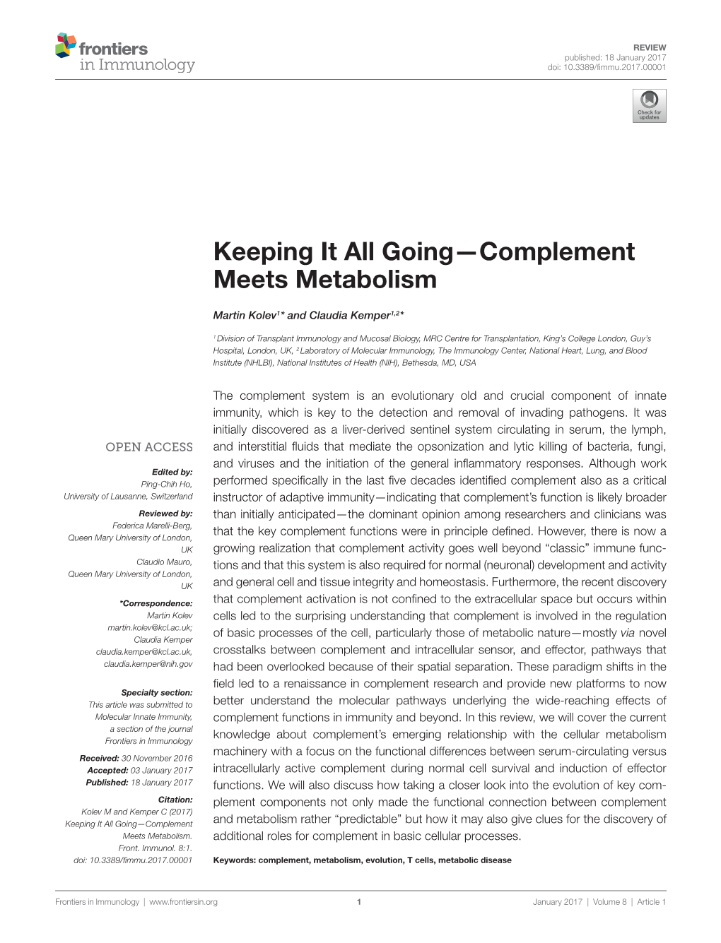 Keeping It All Going—Complement Meets Metabolism