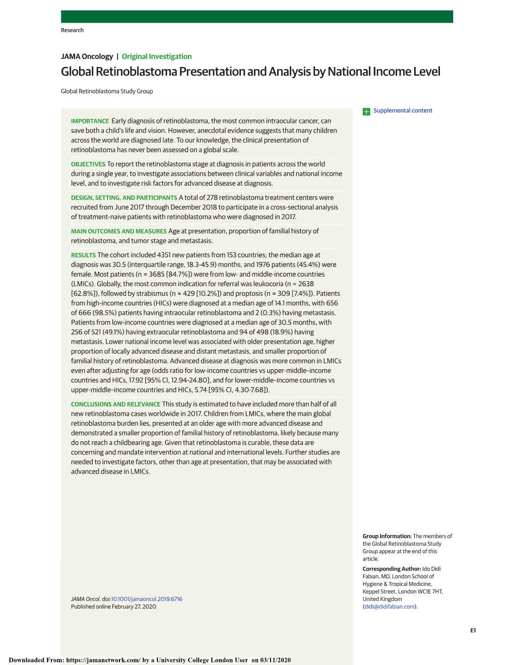 Global Retinoblastoma Presentation and Analysis by National Income Level