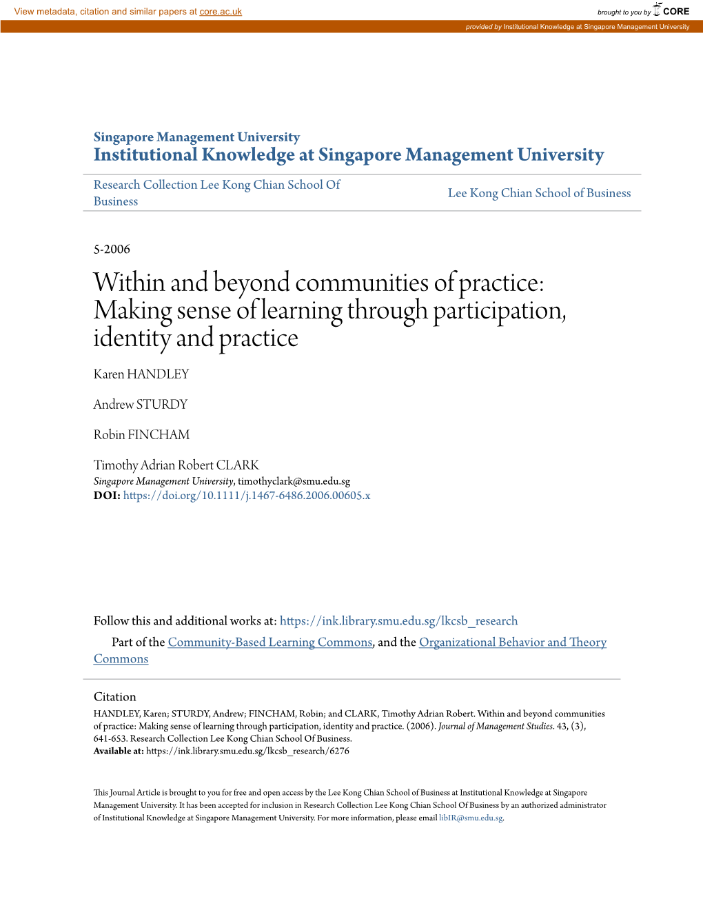 Making Sense of Learning Through Participation, Identity and Practice Karen HANDLEY