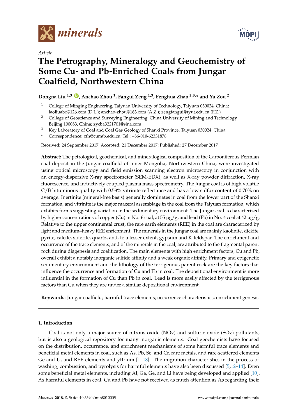 And Pb-Enriched Coals from Jungar Coalfield, Northwestern China