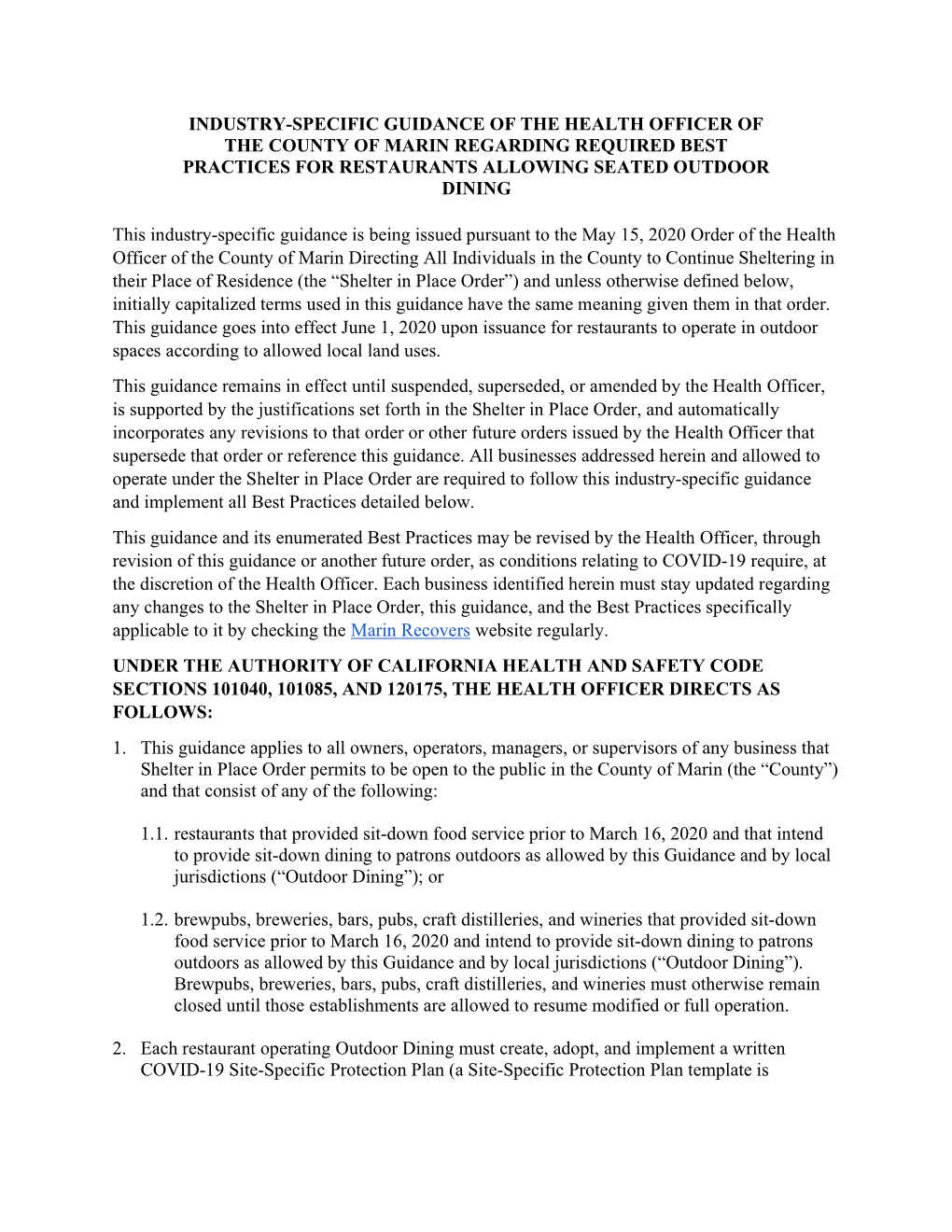 Industry-Specific Guidance of the Health Officer of the County of Marin Regarding Required Best Practices for Restaurants Allowing Seated Outdoor Dining