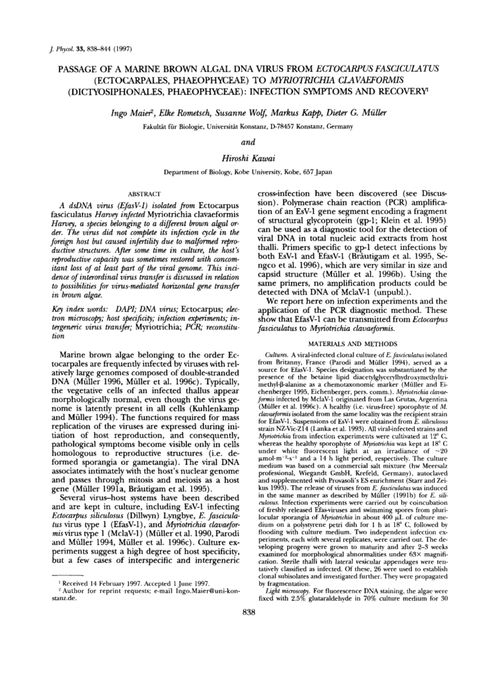 Passage of a Marine Brown Algal Dna Virus From