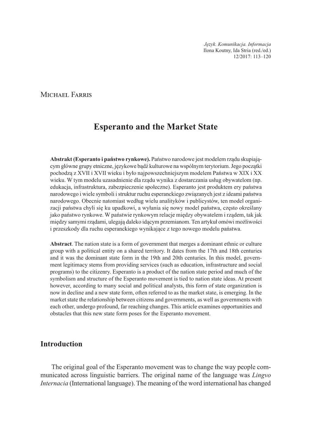 Esperanto and the Market State