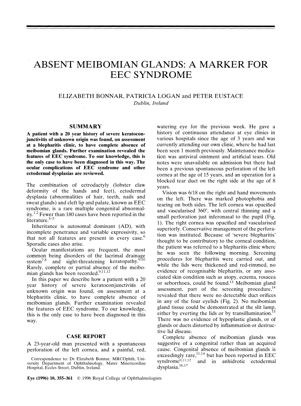 Absent Meibomian Glands: a Marker for Eecsyndrome