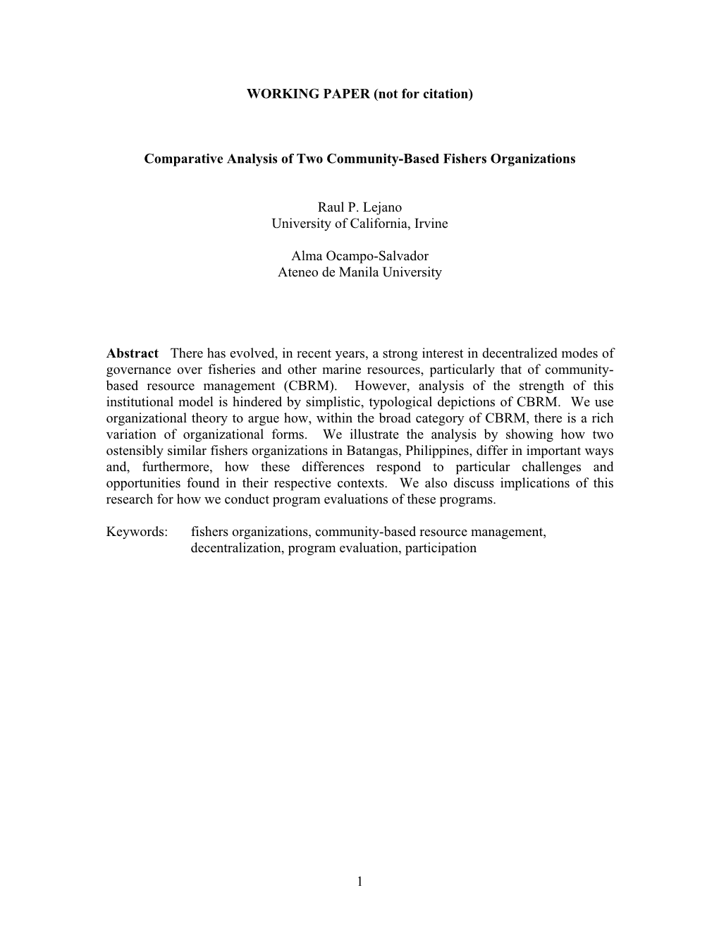 Comparative Analysis of Two Community-Based Fishers Organizations