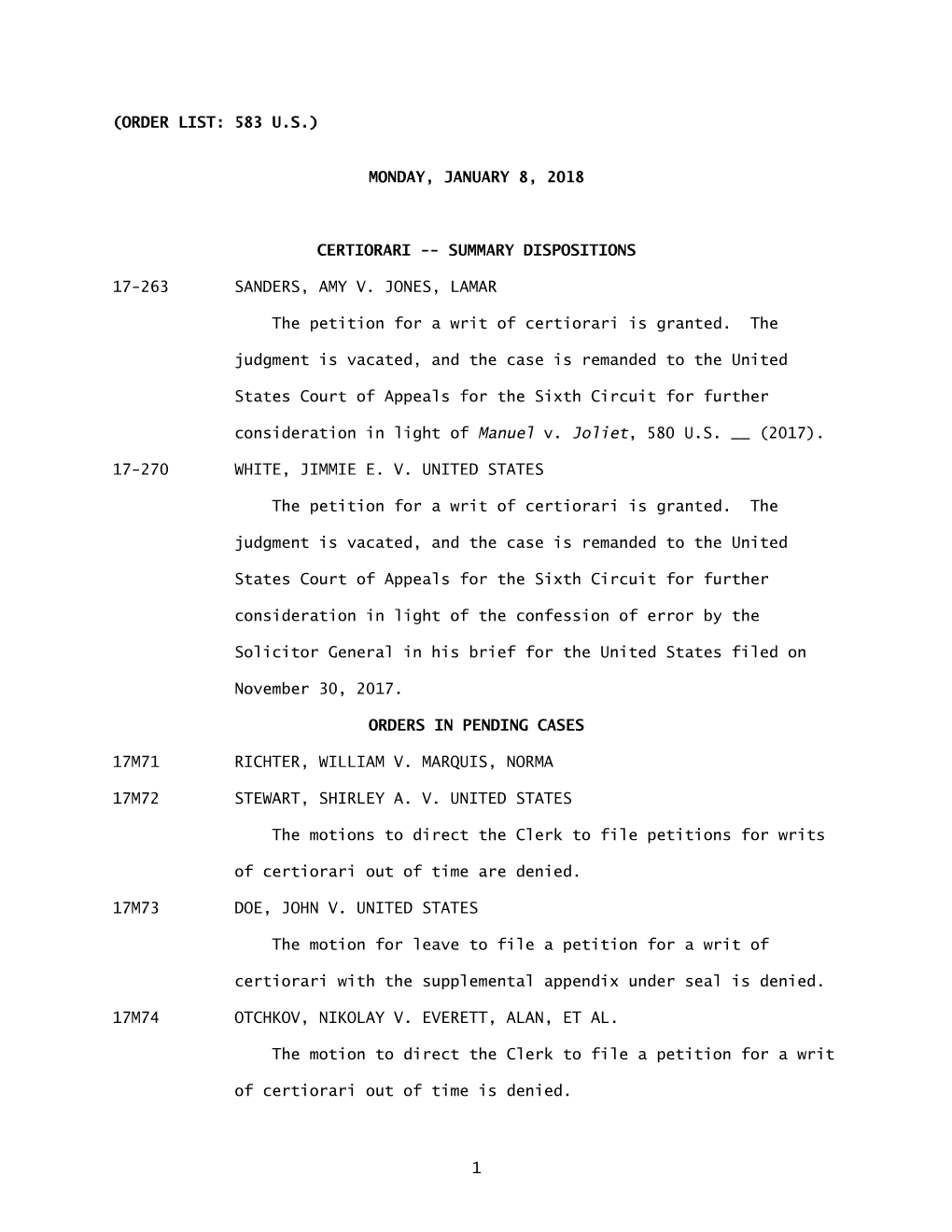 (Order List: 583 U.S.) Monday, January 8, 2018 Certiorari