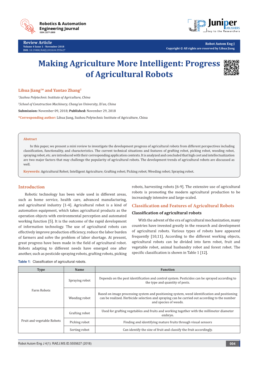 Making Agriculture More Intelligent: Progress of Agricultural Robots