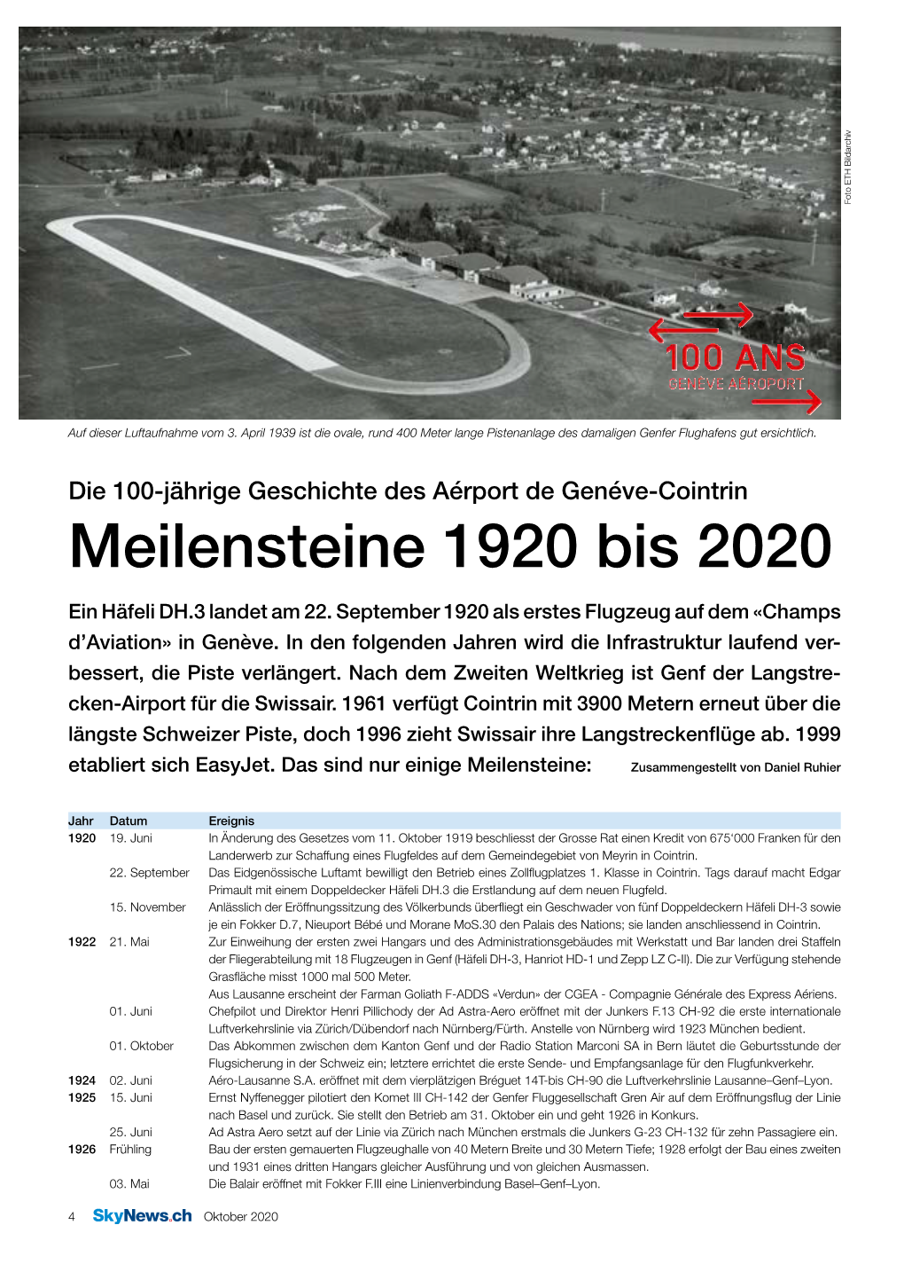 Meilensteine 1920 Bis 2020 Ein Häfeli DH.3 Landet Am 22