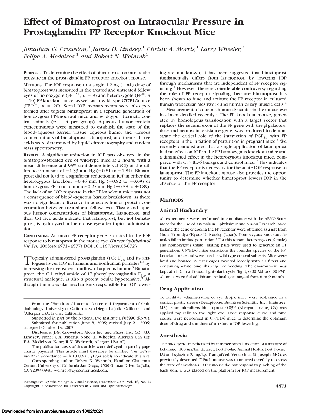 Effect of Bimatoprost on Intraocular Pressure in Prostaglandin FP Receptor Knockout Mice