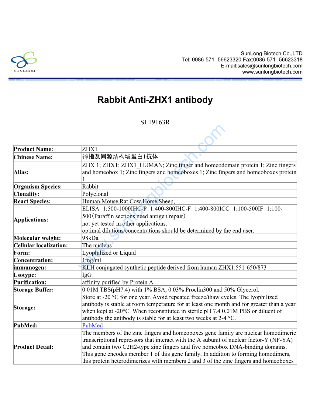 Rabbit Anti-ZHX1 Antibody-SL19163R