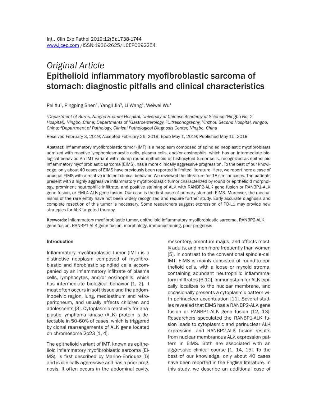 Original Article Epithelioid Inflammatory Myofibroblastic Sarcoma of Stomach: Diagnostic Pitfalls and Clinical Characteristics