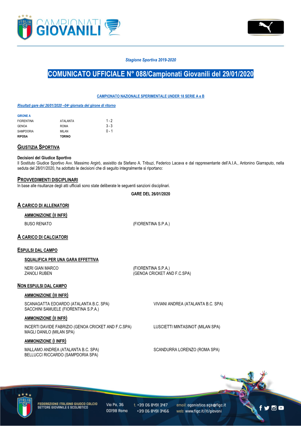 COMUNICATO UFFICIALE N° 088/Campionati Giovanili Del 29/01/2020